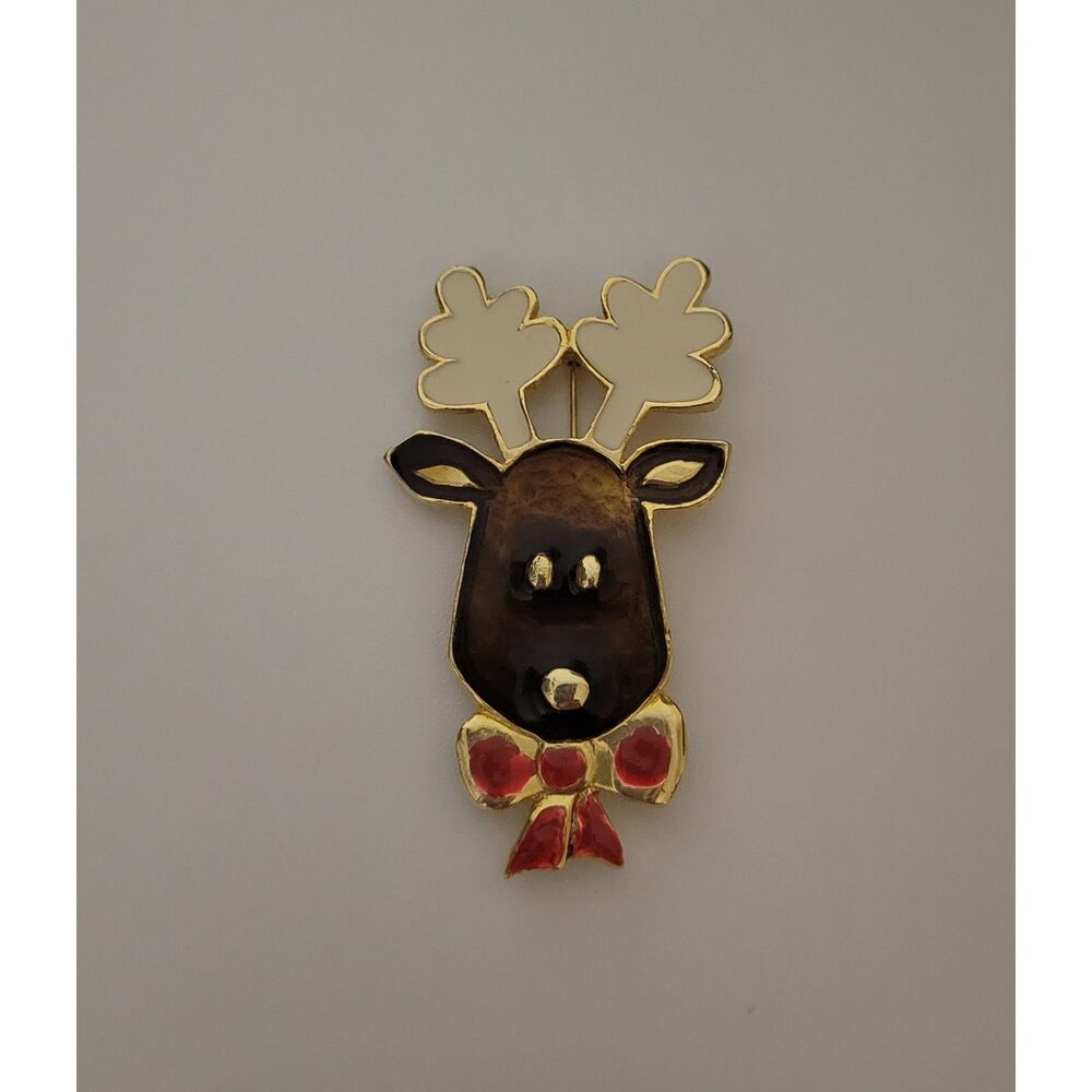 Festive Gold Tone Enameled Brown Reindeer Pin White Antlers Red Bow